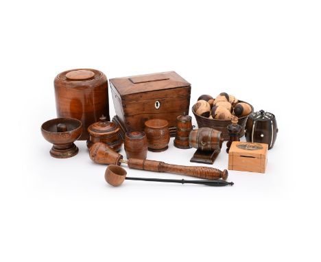 Y  A SMALL COLLECTION OF TREEN TO INCLUDE:  A 19th century yew or Arbutus tea caddy, ivory escutcheon, 19.5cm wide; and assor