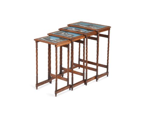 Y  A VICTORIAN ROSEWOOD AND BEADWORK NEST OF QUARTETTO TABLES  CIRCA 1860  Each with glazed beadwork panel of cottages  large