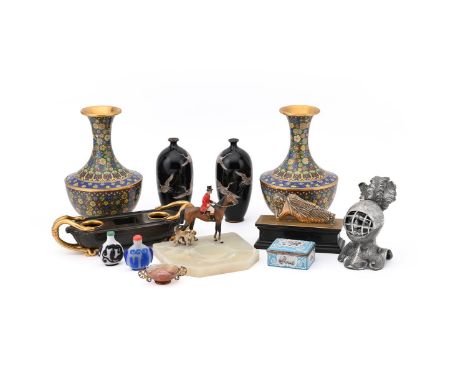 DESK ORNAMENTS INCLUDING:  A Regency gilt and patinated inkwell, of twin end boat prow form, snake head handles, 30.5cm wide;