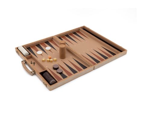 ASPREY: A LEATHER AND SUEDE BACKGAMMON SET  LATE 20TH CENTURY  Faux horn pieces, tooled leather interior, initialled SR  case