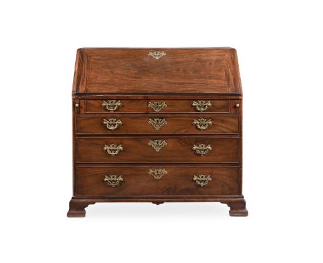 A GEORGE III MAHOGANY BUREAU  CIRCA 1770  Fall front enclosing well fitted interior with well recess, four drawers below  109