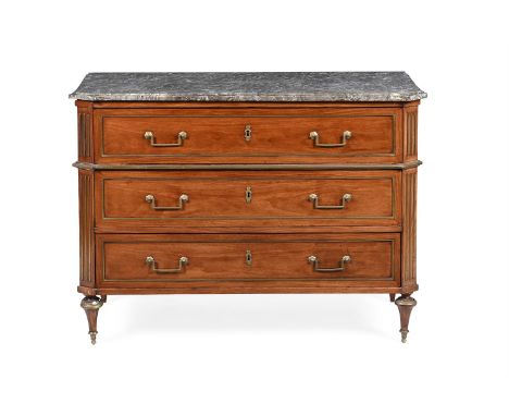 A DIRECTOIRE MAHOGANY AND BRASS MOUNTED COMMODE  LATE 18TH OR EARLY 19TH CENTURY Marble top above three long drawers, French 