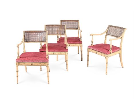 A SET OF FOUR REGENCY CREAM AND POLYCHROME PAINTED OPEN ARMCHAIRS  BY JOHN GEE, CIRCA 1815 AND LATER REDECORATED  The rails s