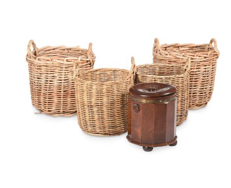 FIRESIDE FURNITURE  Comprising; an Art Deco walnut facetted coal box, 37cm high; a pair of modern woven wicker log baskets, 5