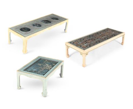 Y TWO PAINTED, GLAZED AND CHINESE PANEL INSET LOW TABLES  POSSIBLY BY MALLETT, 20TH CENTURY INCORPORATING EARLIER ELEMENTS  O
