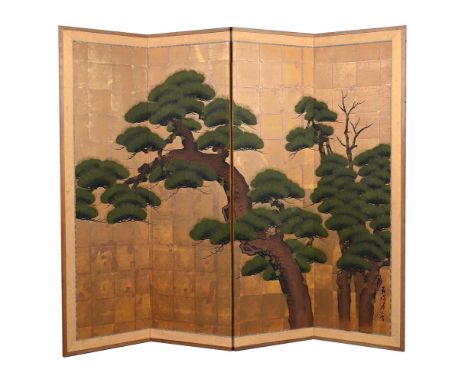 A JAPANESE FOUR PANEL SCREEN 20TH CENTURY  Ink and colour on paper, decorated on one side with trees against a gold backgroun