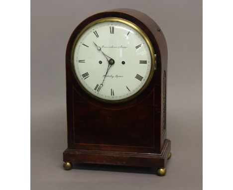 A REGENCY MAHOGANY BRACKET CLOCK BY DWERRIHOUSE AND CARTER.&nbsp;With a circular convex dial with Roman numerals signed 'Dwer