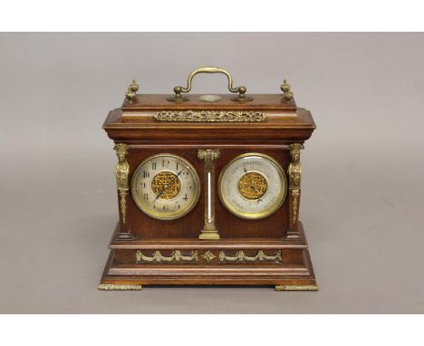 A PRESENTATION CLOCK/BAROMETER BY E. SERMON, TORQUAY. The walnut case with carrying handle above a compass, with gilt finials