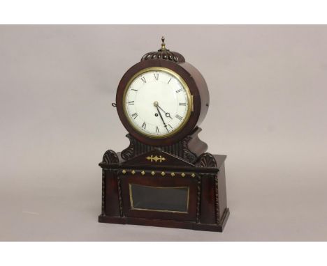 A REGENCY BRASS INLAID MAHOGANY BRACKET CLOCK. With a circular convex white enamelled dial with Roman numerals and a single t