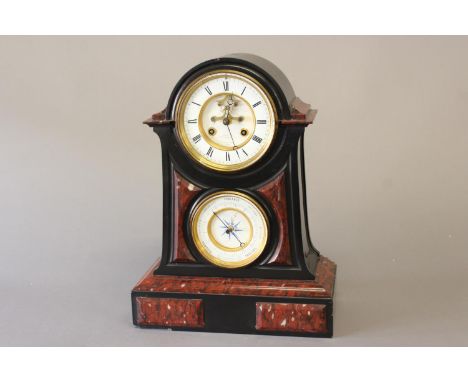 A FINE VICTORIAN SLATE AND MARBLE MANTEL CLOCK AND BAROMETER. The upper clock dial with an outer chapter ring with Roman nume