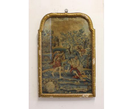 A GEORGE II NEEDLEWORK PANEL. A finely sewn needlework panel depicting a huntsman and hound with a fallen angel at their feet