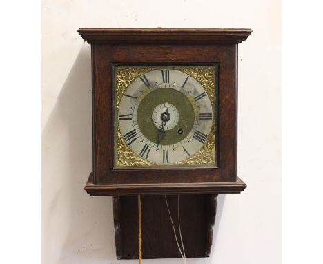 AN 18TH CENTURY WALL CLOCK BY ROBERT BOTLEY OF BLETCHINGLY. With a 20cm brass dial with silvered chapter ring with Roman nume