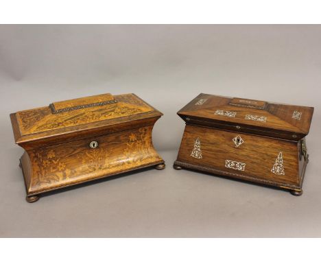 TWO SIMILAR INLAID ROSEWOOD SARCOPHAGUS FORM TEA CADDIES. An elaborate burr wood and rosewood tea caddy with a rectangular to