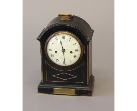 A LATE GEORGE III EBONY CASE BRACKET CLOCK. With a circular convex white enamelled dial with Roman numerals, with a two train