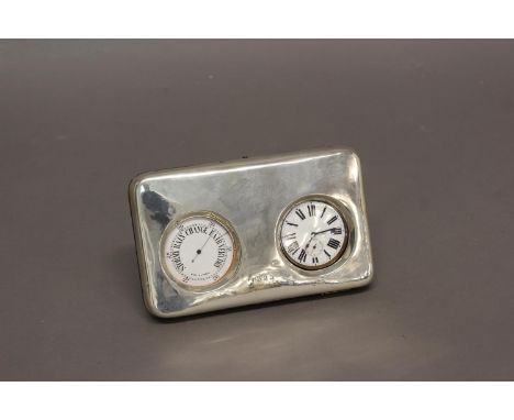 A BAROMETER AND WATCH SILVER FRONTED DESK SET. The rectangular silver fronted case with rounded edges and easel support by Wa