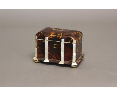 A REGENCY TORTOISESHELL VENEERED TEA CADDY. A rectangular tea caddy with moulded front, the rectangular top with a central gi