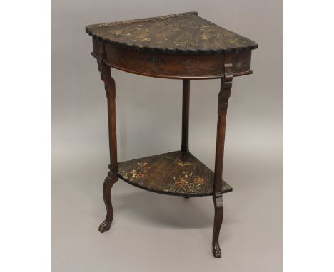 A LATE VICTORIAN AESTHETIC PERIOD LACQUER EFFECT CORNER TABLE.&nbsp;With a rising fan effect top and similar under shelf, wit