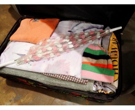 Large Sovereign wheeled floral suitcase with curtains, bedding and umbrella. Not available for in-house P&amp;P 
