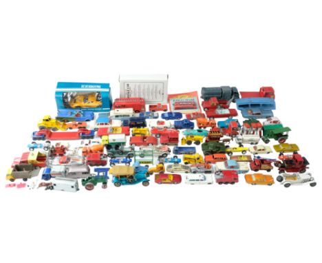 A group of vintage diecast cars, busses, etc including a Corgi Batmobile, a Dinky Fire Engine, etc, (playworn)