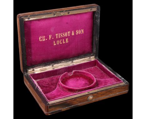 A late 19th Century CH F Tissot &amp; Son pewter inlaid rosewood pocket watch and chain box, 14.5 x 10 x 3.5 cm