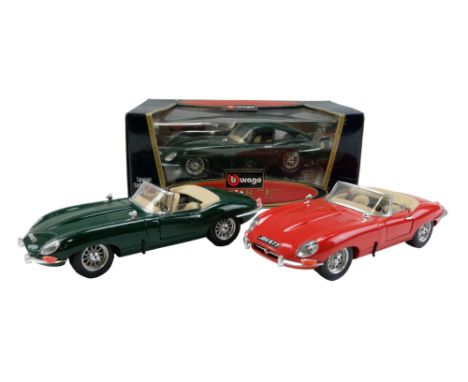 A boxed Bburago diecast Jaguar "E" Cabriolet 1961 together with two unboxed cars, 1/18 scale