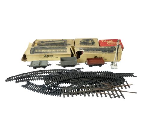 A group of vintage Rovex locomotives, carriages and a shunter together with a Tri-ang brake van and a small quantity of track