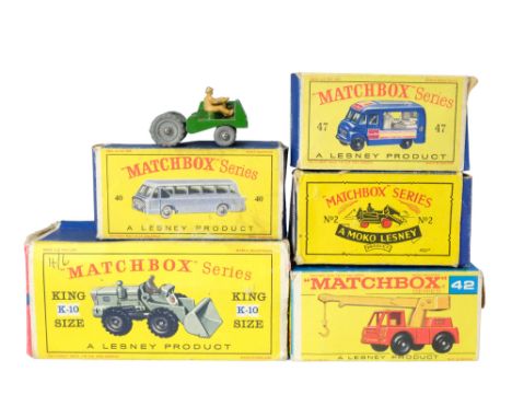 A group of diecast Matchbox Series vehicles comprising a Dumper (2), Aveling-Barford Tractor-Shovel (K-10), Long Distance Coa