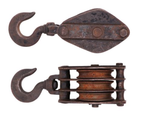 Two vintage iron pulley blocks, their cast hooks branded Stringer, 28 cm