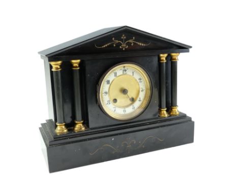 A late 19th Century polished black slate mantel clock, of Palladian architectural form having a two-train drum movement strik