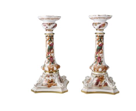 A pair of late 20th Century Royal Crown Derby Olde Avesbury candlesticks, height 27 cm, (one candlestick a/f)