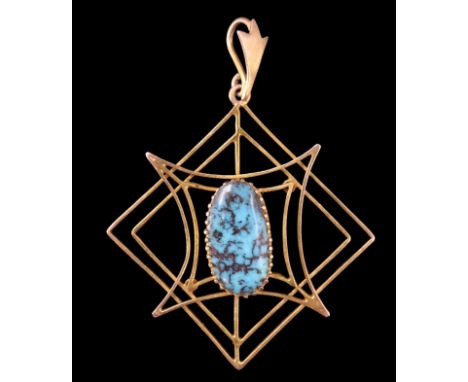 A vintage turquoise pendant, the 13 x 7 mm cabochon in a fine gallery setting on a yellow metal openwork double concave squar