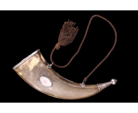 A 19th Century Scottish silver-mounted horn powder flask, of traditional form, having foliate-engraved collar and screw-on ca