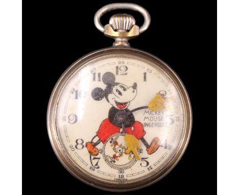 A vintage Ingersoll Mickey Mouse chrome open-faced pocket watch, having a crown-wound movement, character hands and subsidiar