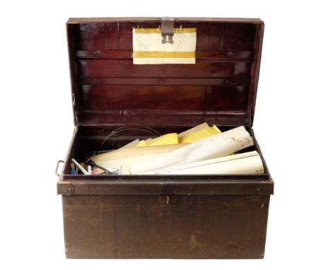 A large quantity of model aircraft and similar parts and tools including hand-drawn plans, propellers, adhesive, etc, in a ti