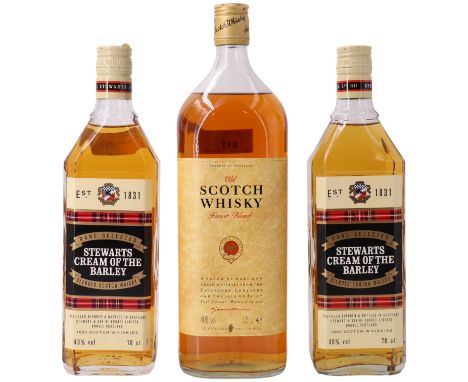 Two bottles of Stewarts Cream of the Barley Scotch Whisky together with James Macrae Old Scotch Whisky, former 70 cl, latter 