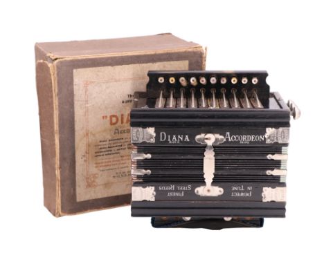 An early 20th Century Diana accordion (Accordeon) with bell metal reeds, in original carton