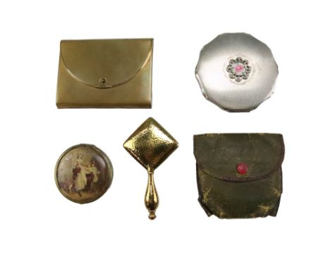 Two vintage novelty powder compacts respectively in the form of a letter and a hand-held mirror, together with three other ea