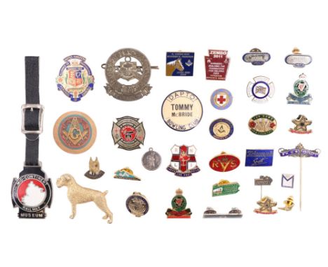 A group of vintage lapel badges including US Masonic, Second World War WI "For Home and Country", RNLI Ladies Guild, Civil Av