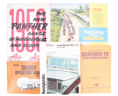 A "Land-Rover Mk 2, 3 from 1958 Handybook 29" owner's handbook together with a Ford Transit operator's manual, a Bedford TK i