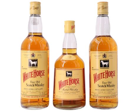 Three bottles of White Horse Fine Old Scotch Whisky, two 75 and one 70 cl