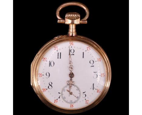 A Swiss 18 ct gold open-faced pocket, watch having a crown-wound and pin-set 19-ruby remontoir movement, its white enamel fac