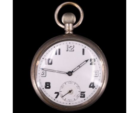 A Second World War GSTP open-faced pocket watch having a crown-wound movement, cathedral hands, subsidiary seconds dial and A