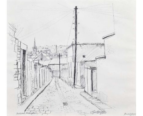 Roger Hampson (British 1925-1996) "Backstreet, Accrington" Signed and titled, with original label on verso, pen drawing.28cm 