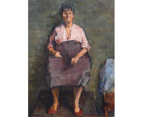 Harold Riley (British 1934-) Portrait of a seated lady Signed, dated 1957 on gilt nameplate, oil on board.59cm x 43.5cm (23.2