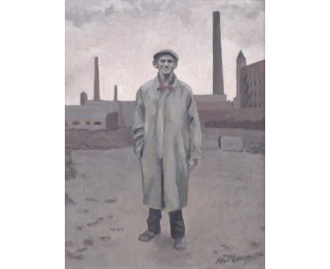 Roger Hampson (British 1925-1996) Standing male figure in an industrial Northern landscape Signed, oil on board.42cm x 31.5cm