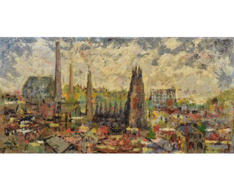 J. McGregor (British 20th century) "Industrial Town (Stockport)" Signed and dated '62, titled on artist's label verso, oil on