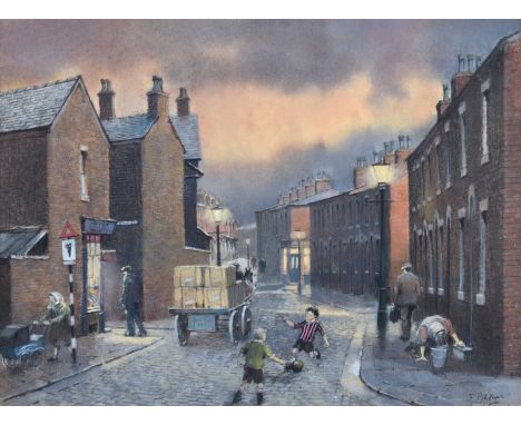 Tom Brown (British 1933-2017) Northern street scene with children playing football Signed, pastel.33.5cm x 45cm (13.25in x 17