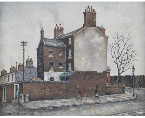 John Barnett (British 1914-) "Empty House" Signed and dated '74, titled on artist's label verso, oil on canvas.40cm x 50cm (1