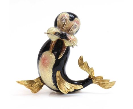 A Continental novelty sea lion polychrome enamel and diamond brooch, with a pair of eight cut diamond set eyes, black enamel 