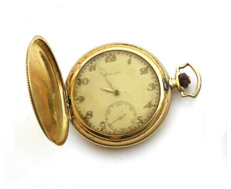 An Art Deco gold Movado hunter side wind pocket watch, 50mm diameter, with a vacant cartouche to the front cover and engine t